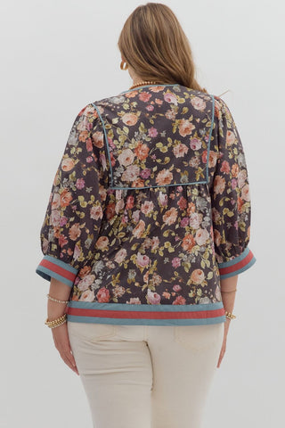 Curvy Chocolate Vintage Floral 3/4 Sleeve Top Final Sale