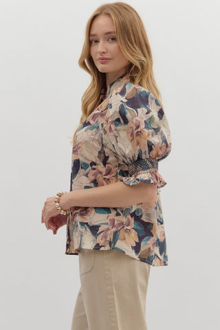 Navy Floral Print Embroidered Top