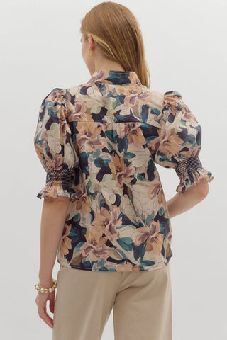 Navy Floral Print Embroidered Top