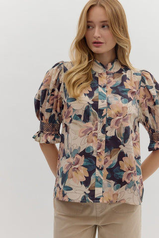 Navy Floral Print Embroidered Top