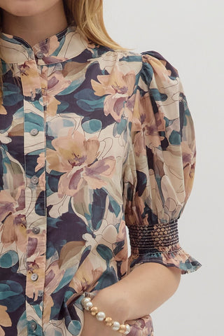 Navy Floral Print Embroidered Top