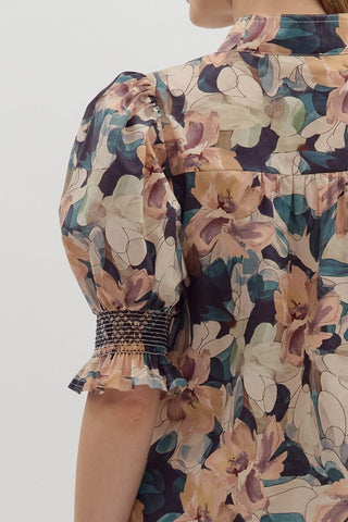 Navy Floral Print Embroidered Top