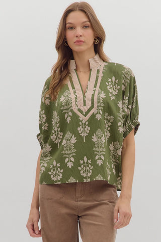 Olive Abstract Botanical Print Top Final Sale