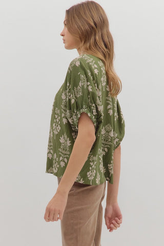 Olive Abstract Botanical Print Top Final Sale