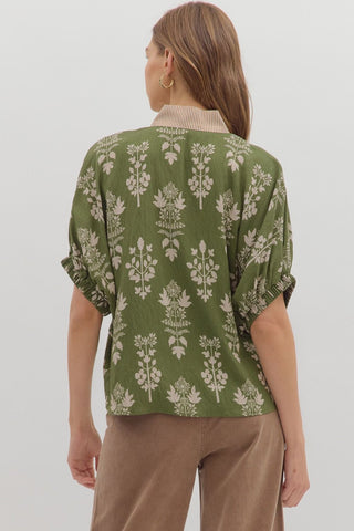 Olive Abstract Botanical Print Top Final Sale