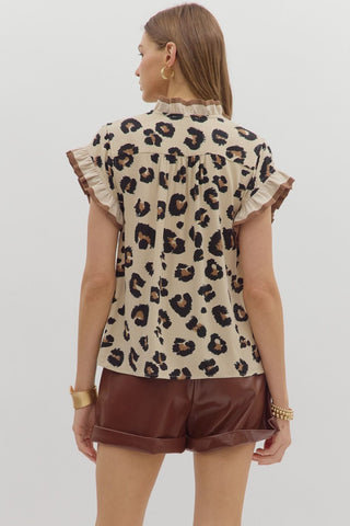 Leopard Button Front Top w/ Ruffle Neck Final Sale