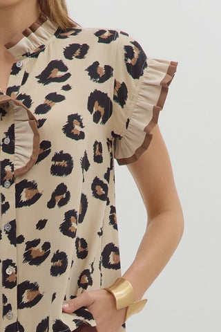Leopard Button Front Top w/ Ruffle Neck Final Sale