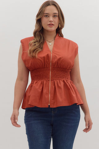 Rust Sleeveless Zip Up Solid Top FINAL SALE