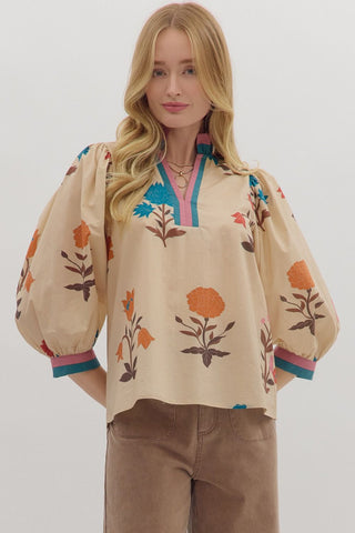 Ecru Woven Floral Print Top