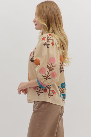 Ecru Woven Floral Print Top