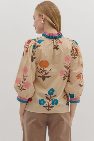 Ecru Woven Floral Print Top