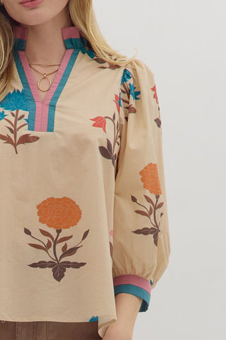 Ecru Woven Floral Print Top