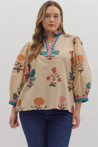 Curvy Ecru Floral Print3/4 Puff Sleeve Top