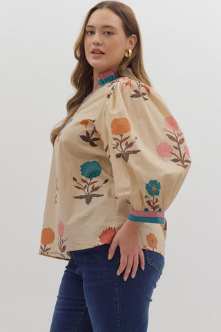 Curvy Ecru Floral Print3/4 Puff Sleeve Top