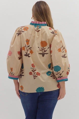 Curvy Ecru Floral Print3/4 Puff Sleeve Top