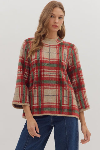 Taupe Plaid Mock Neck Sweater Top