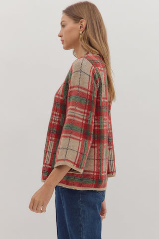 Taupe Plaid Mock Neck Sweater Top