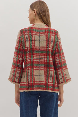 Taupe Plaid Mock Neck Sweater Top