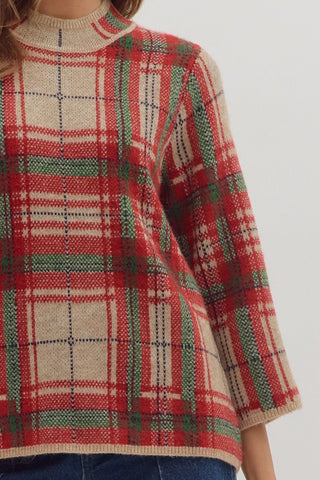 Taupe Plaid Mock Neck Sweater Top