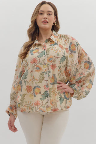 Curvy Ecru Floral Print Long Sleeve Button Down Top