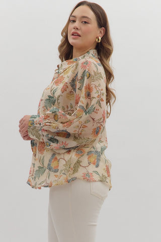 Curvy Ecru Floral Print Long Sleeve Button Down Top