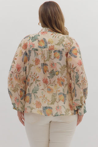 Curvy Ecru Floral Print Long Sleeve Button Down Top