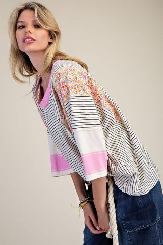 CURVY STRIPED MIX PRINT WASHED TOP FINAL SALE