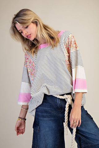 CURVY STRIPED MIX PRINT WASHED TOP FINAL SALE