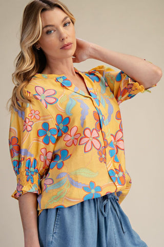 CURVY BANANA FLORAL/FLOWER PRINT PEACH BLOSSOM TOP