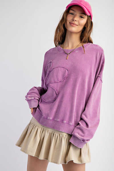 CURVY ORCHID FLOWER PATCH WASHED TERRY KNIT PULLOVER