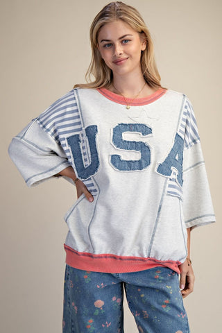 CURVY USA PATCH FRONT STRIPE MIX WASHED TERRY PULLOVER