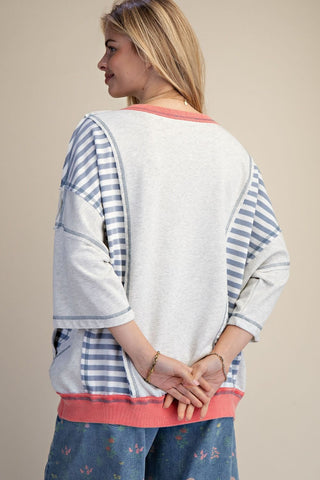 CURVY USA PATCH FRONT STRIPE MIX WASHED TERRY PULLOVER