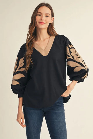 Black Applique Detail 3/4 Puff Sleeves V-neck Top