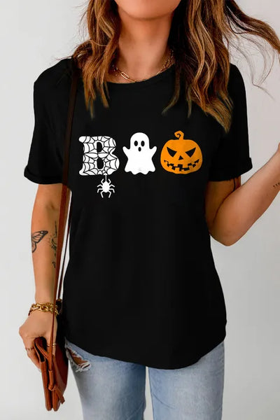 Round Neck Short Sleeve BOO Graphic T-Shirt in Black