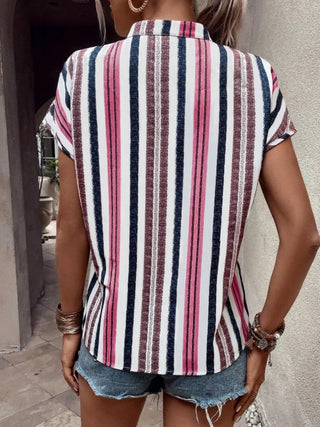 Mauve Striped Notched Short Sleeve Shirt Final Sale