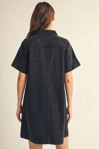 Black Short Sleeve Garment Washed Casual Shift Dress