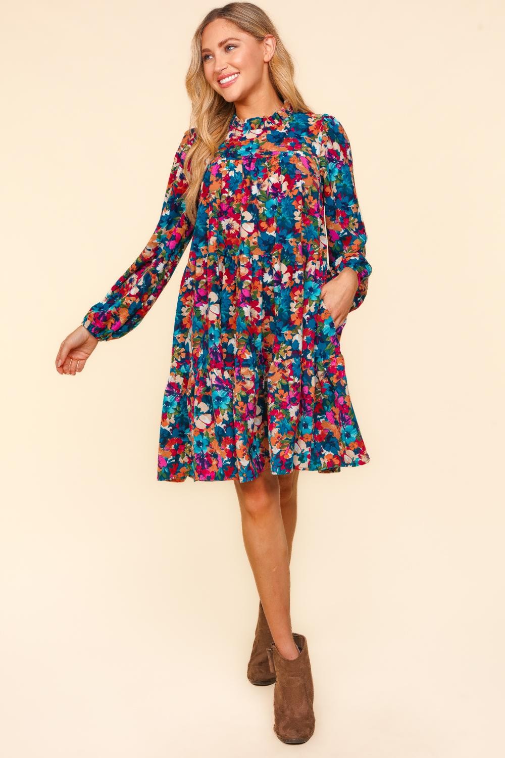 CURVY MOCK NECK KNEE WATER COLOR FLORAL DRESS w/ POCKETS