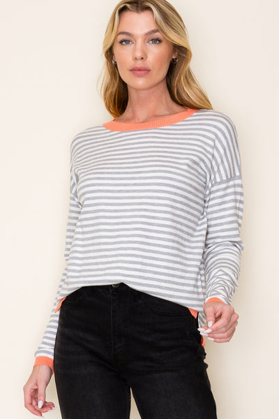 HEATHER GREY/CORAL STRIPED LONG SLEEVE CREW NECK PULLOVER SWEATER