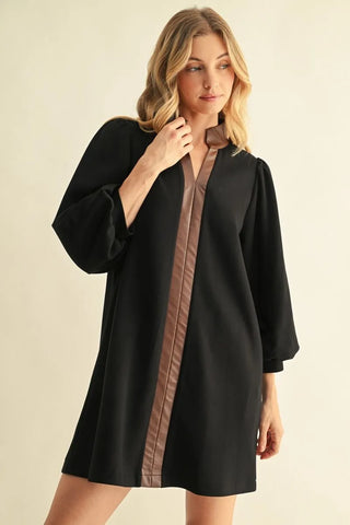Black 3/4 Puff Sleeve Dress with Faux Leather