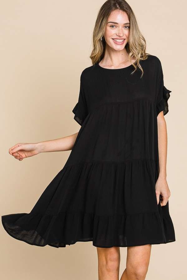 Black Solid Tiered Midi Dress