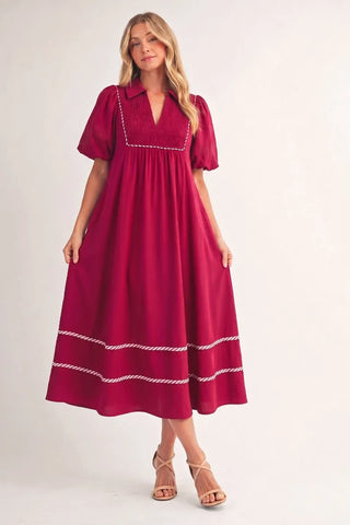 Burgundy Short Puff Sleeves Solid Midi Dress w/ Pockets