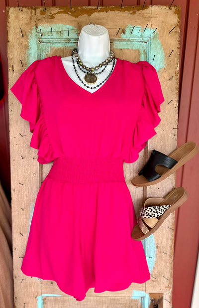 FUCHSIA FIT AND FLARE WOVEN ROMPER WITH SIDE POCKETS