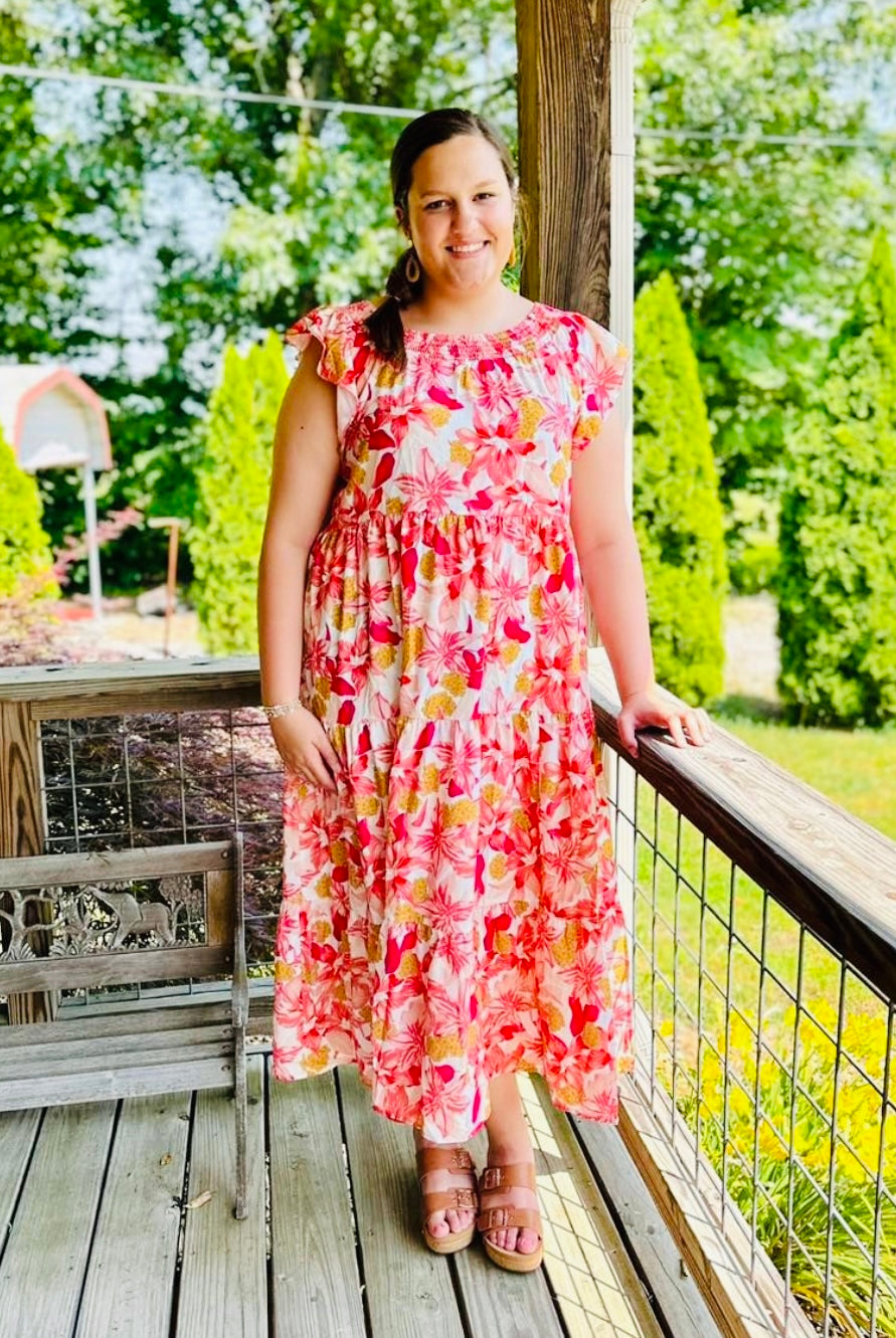 Curvy Orange Floral Print Sleeveless Dress