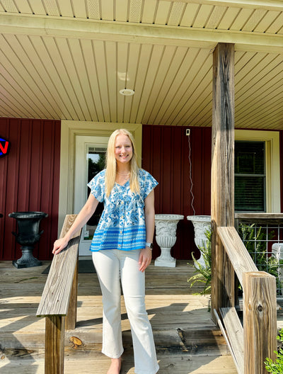 BLUE BABYDOLL BUTTON DOWN FLUTTER SHORT SLEEVE TOP Final Sale