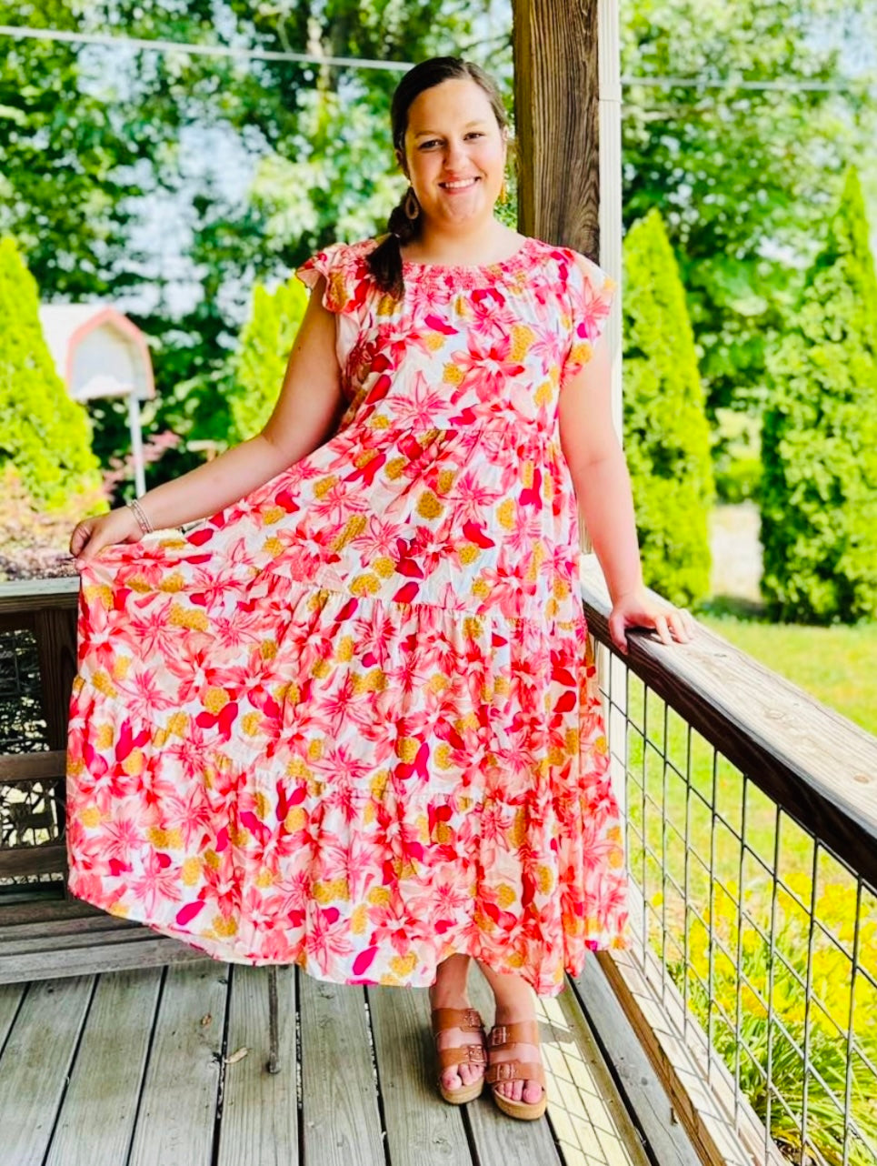 Curvy Orange Floral Print Sleeveless Dress