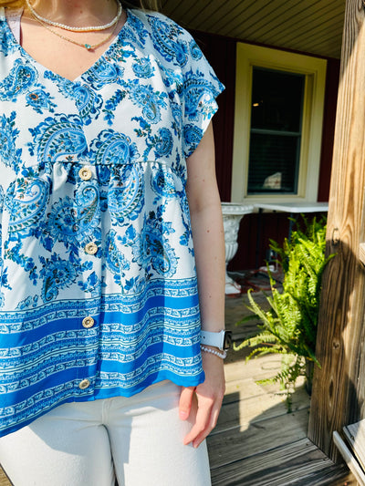 BLUE BABYDOLL BUTTON DOWN FLUTTER SHORT SLEEVE TOP Final Sale