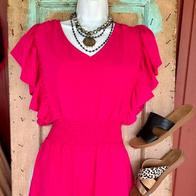 FUCHSIA FIT AND FLARE WOVEN ROMPER WITH SIDE POCKETS