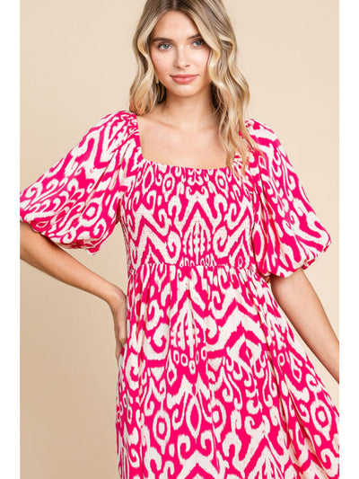 Curvy Hot Pink Geometric Midi Dress w/ Pockets