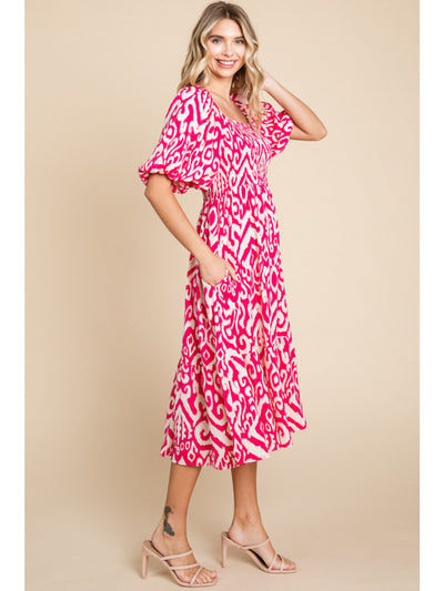 Hot Pink Geometric Print Midi Dress w/ Pockets