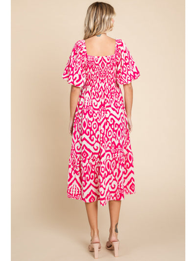 Hot Pink Geometric Print Midi Dress w/ Pockets